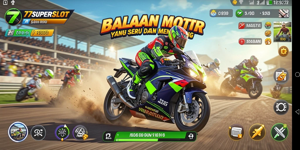 Screenshot gameplay 77SUPERSLOT dengan balapan motor yang menegangkan.