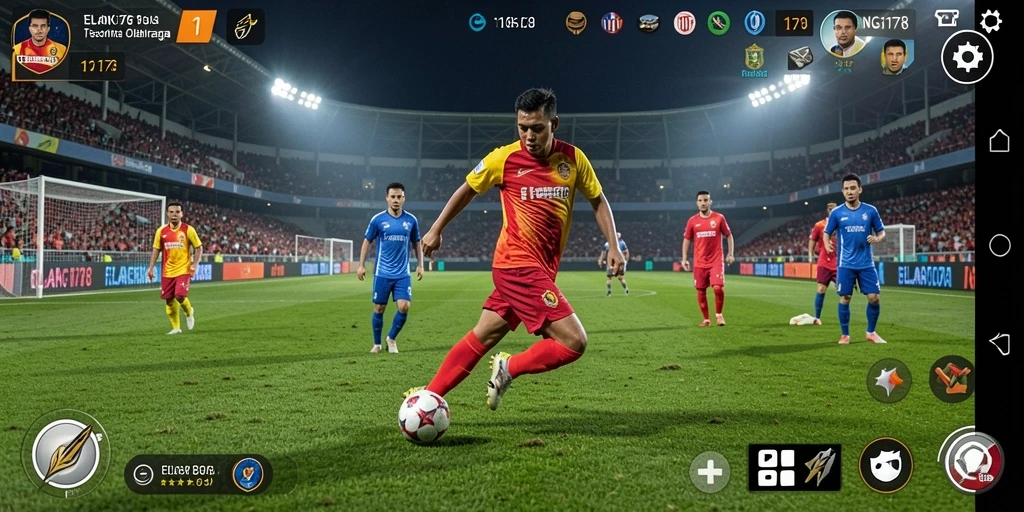 Tangkapan layar gameplay ELANG178 menampilkan aksi sepak bola yang seru.