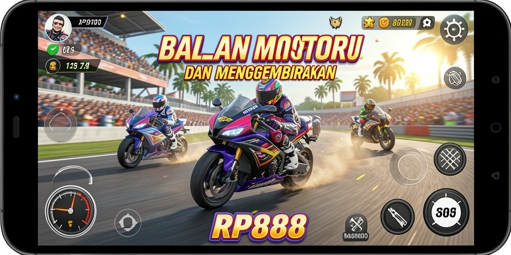 Tampilan dinamis dari gameplay seru dalam balapan motor.